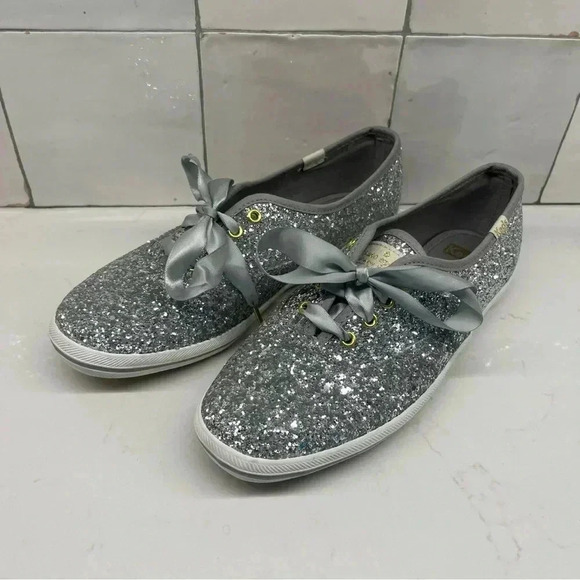 Keds x Kate Spade Champions Silver Glitter Sneaker with Ribbon Shoelaces 6.5 - Picture 2 of 10